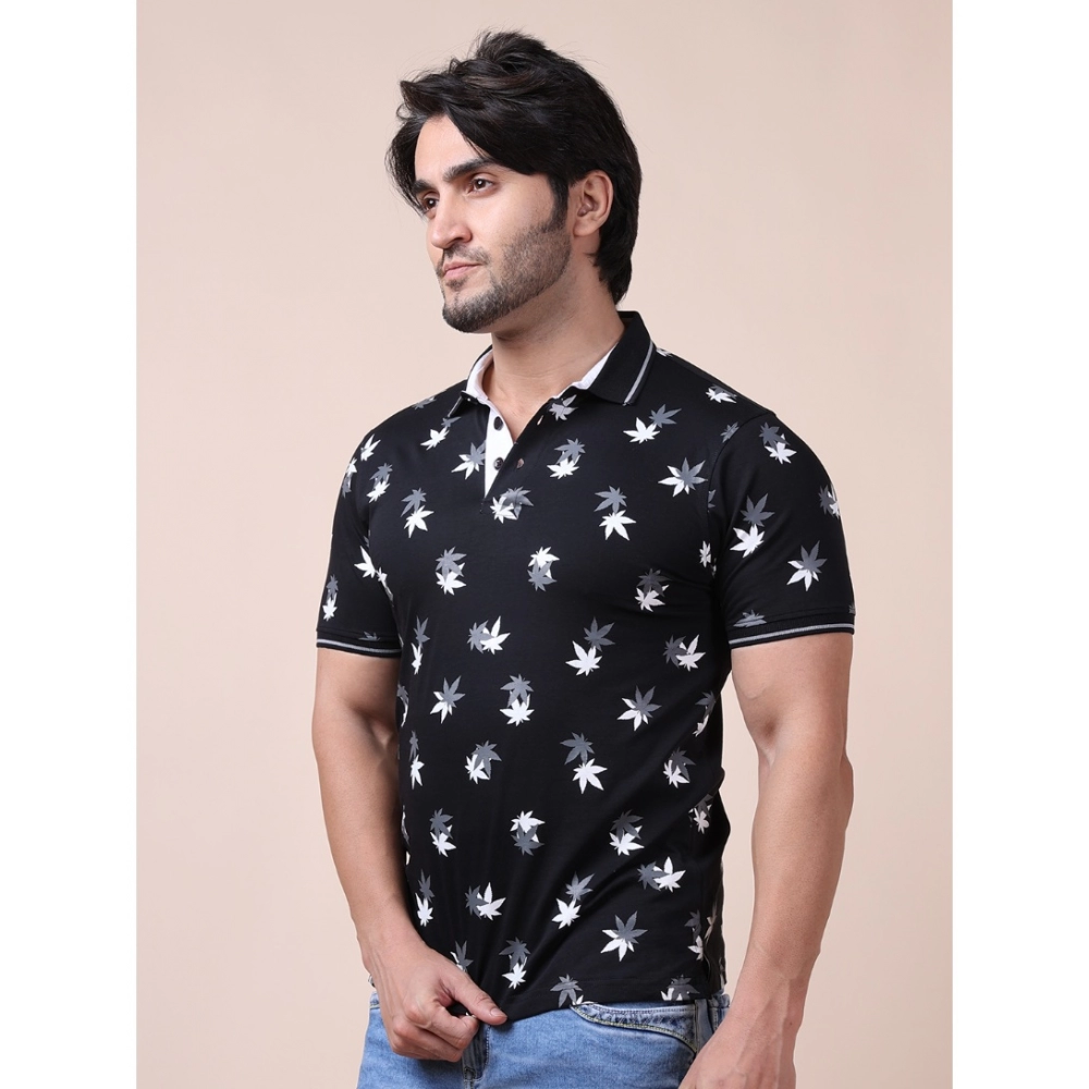 Men's Casual Cotton Printed Polo Neck Half Sleeve T-Shirt (Black) - Image 3