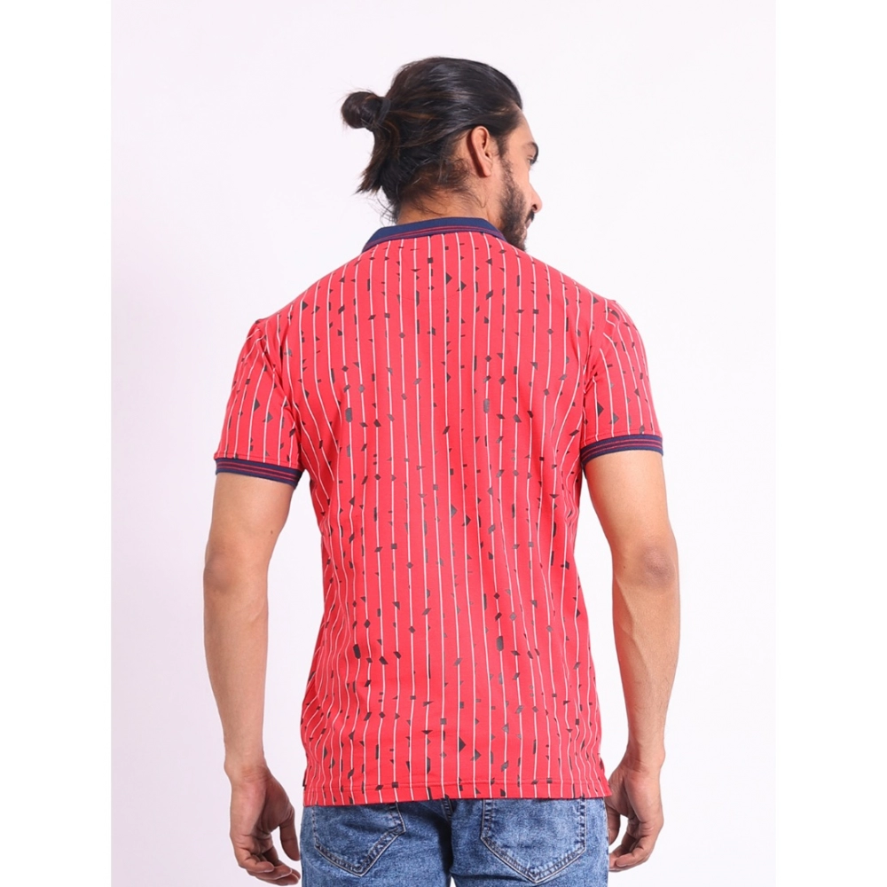 Men's Casual Cotton Printed Polo Neck Half Sleeve T-Shirt (Red) - Image 2
