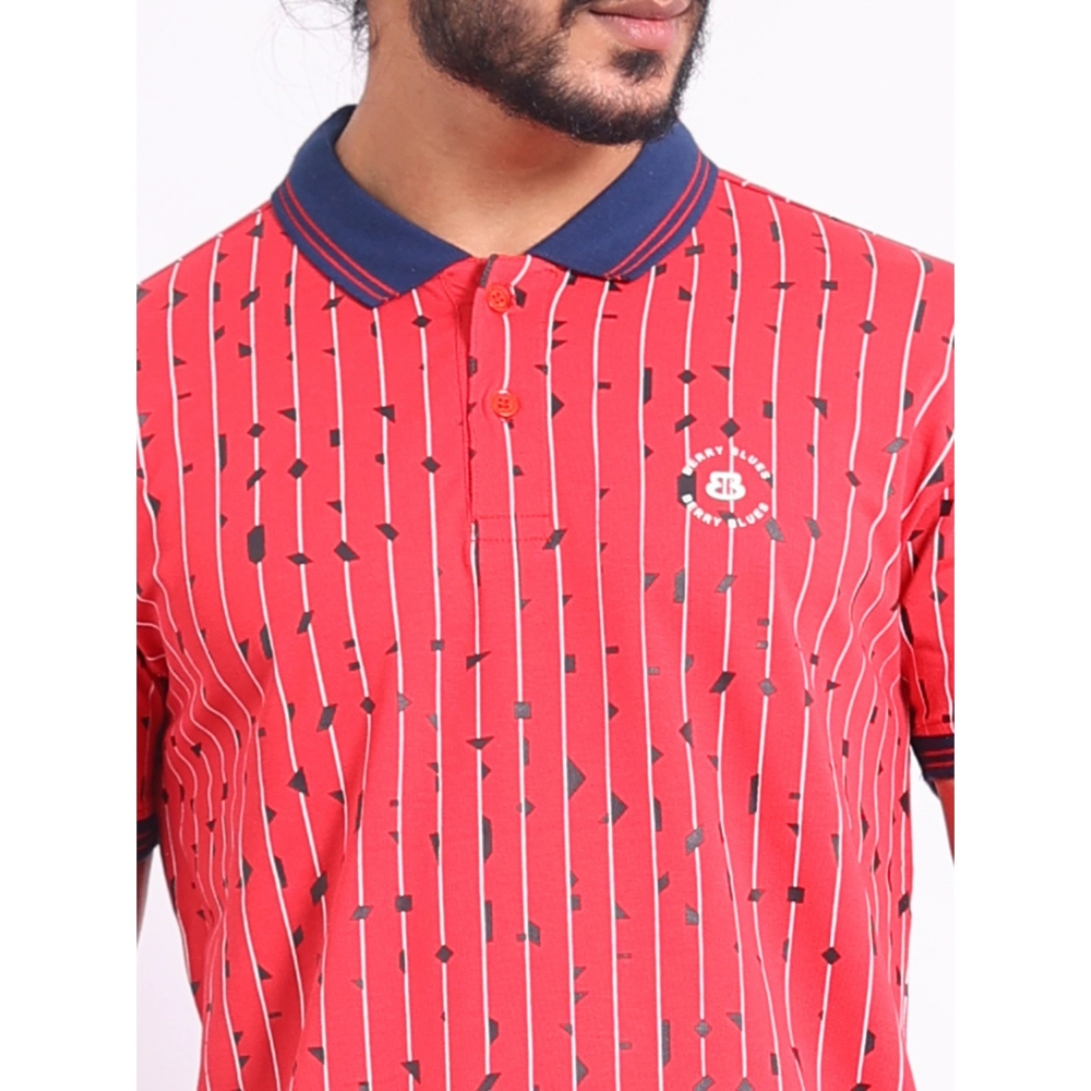 Men's Casual Cotton Printed Polo Neck Half Sleeve T-Shirt (Red) - Image 6