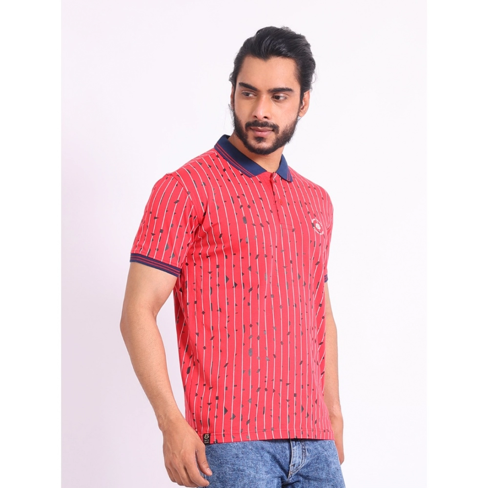 Men's Casual Cotton Printed Polo Neck Half Sleeve T-Shirt (Red) - Image 4