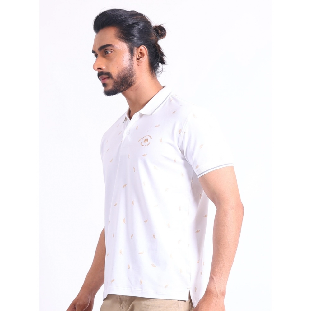 Men's Casual Cotton Printed Polo Neck Half Sleeve T-Shirt (White) - Image 3