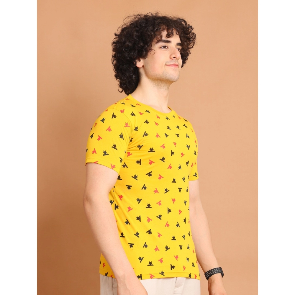 Men's Casual Cotton Printed Round Neck Half Sleeve T-Shirt (Yellow) - Image 3