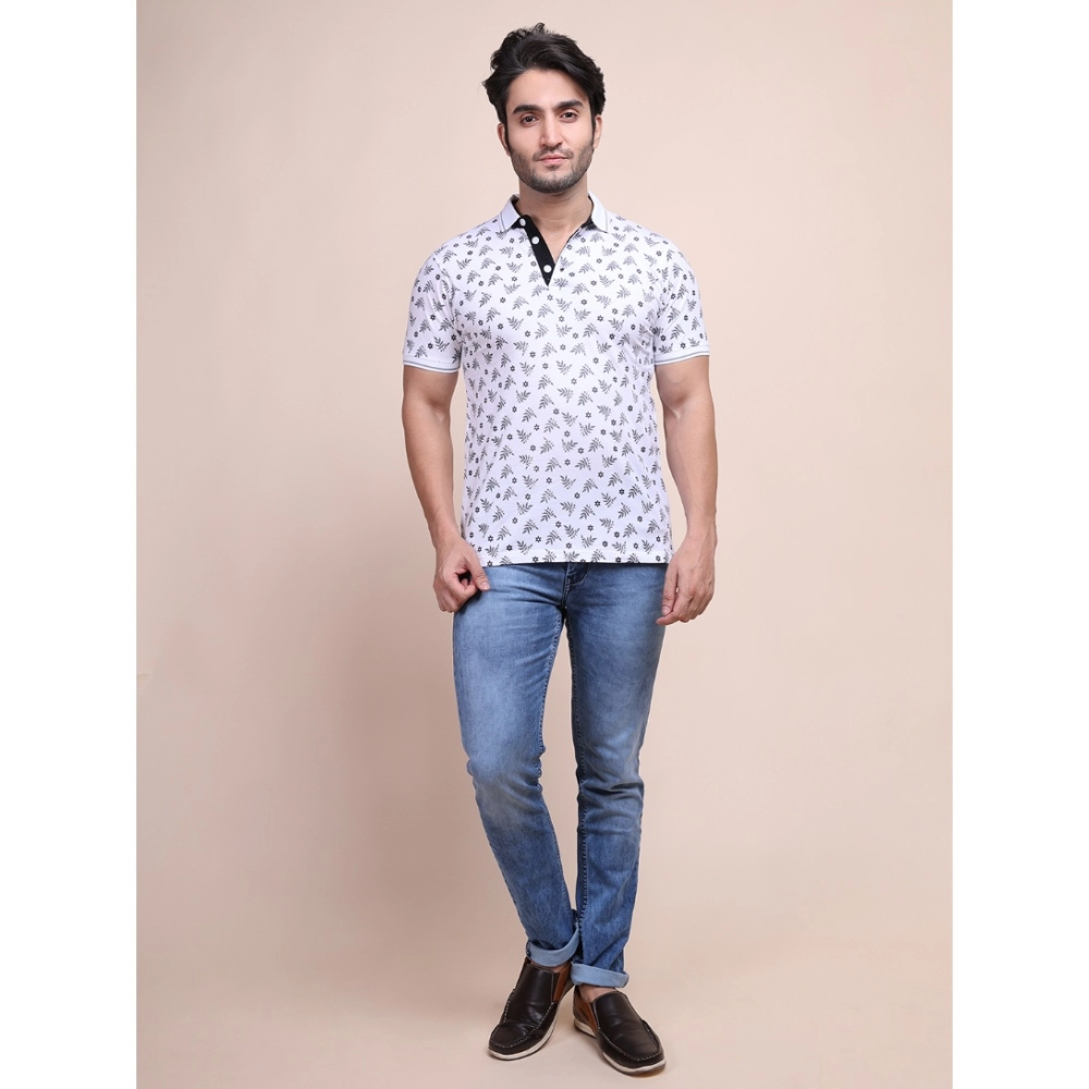 Men's Casual Cotton Printed Polo Neck Half Sleeve T-Shirt (White) - Image 7