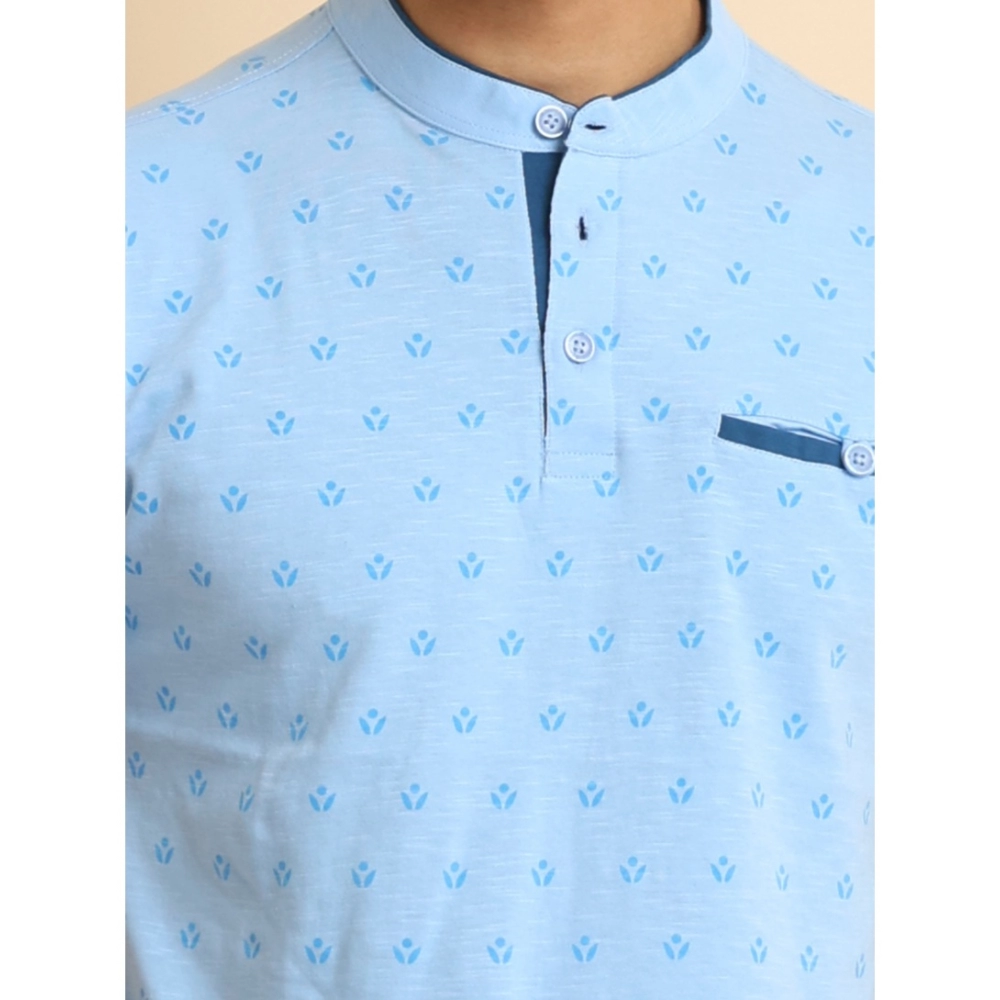 Men's Casual Cotton Printed Mandarin Collar Half Sleeve T-Shirt (Skyblue) - Image 6