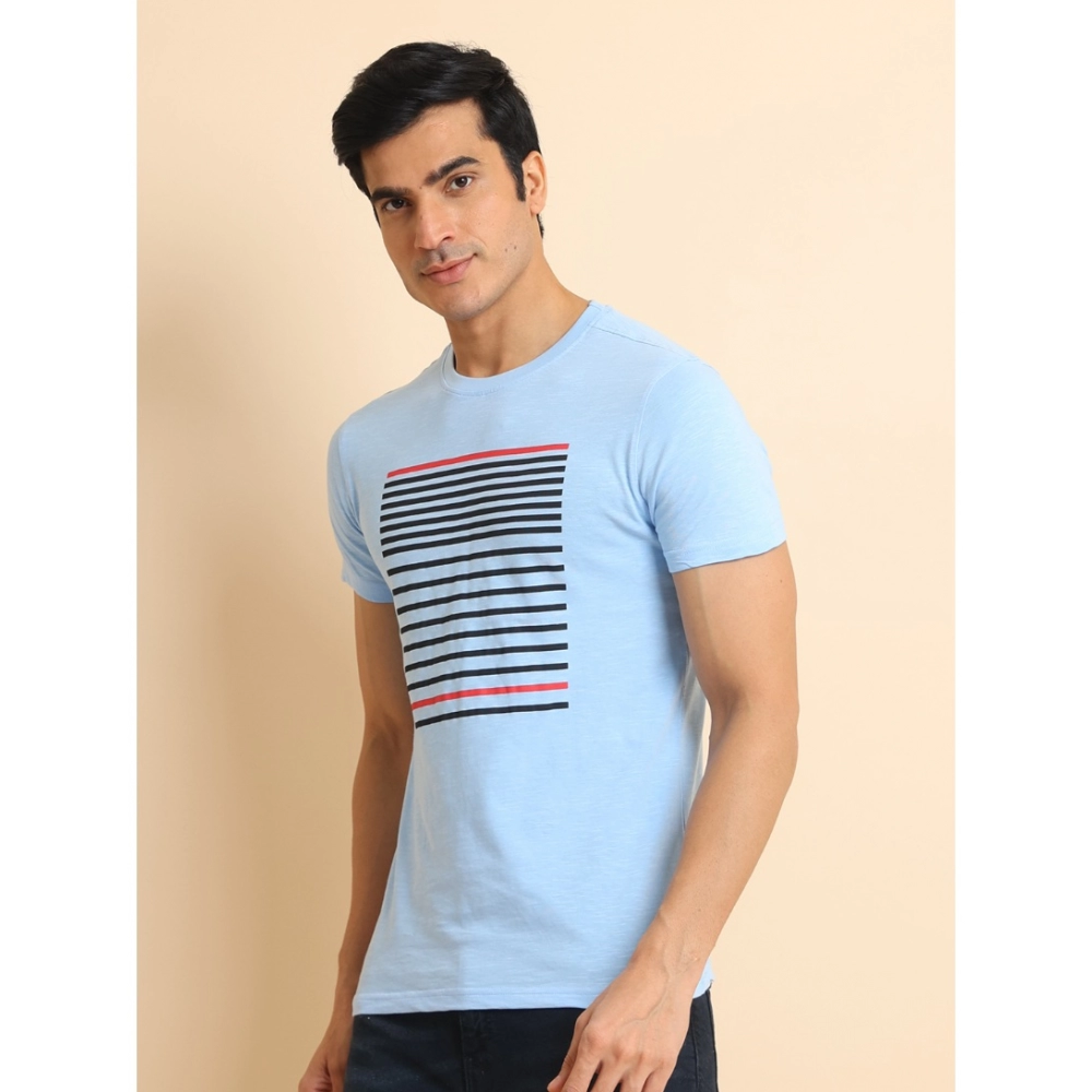 Men's Casual Cotton Printed Round Neck Half Sleeve T-Shirt (Skyblue) - Image 4
