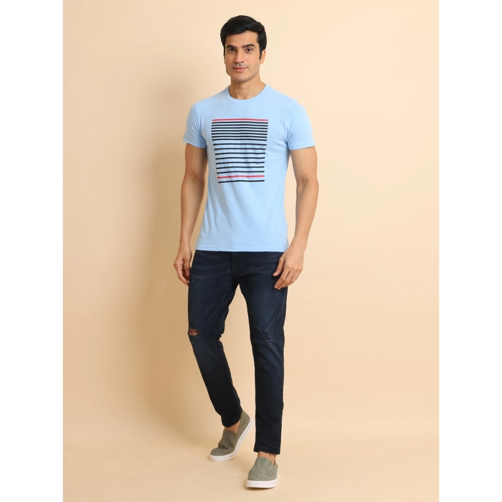 Men's Casual Cotton Printed Round Neck Half Sleeve T-Shirt (Skyblue) - Image 7