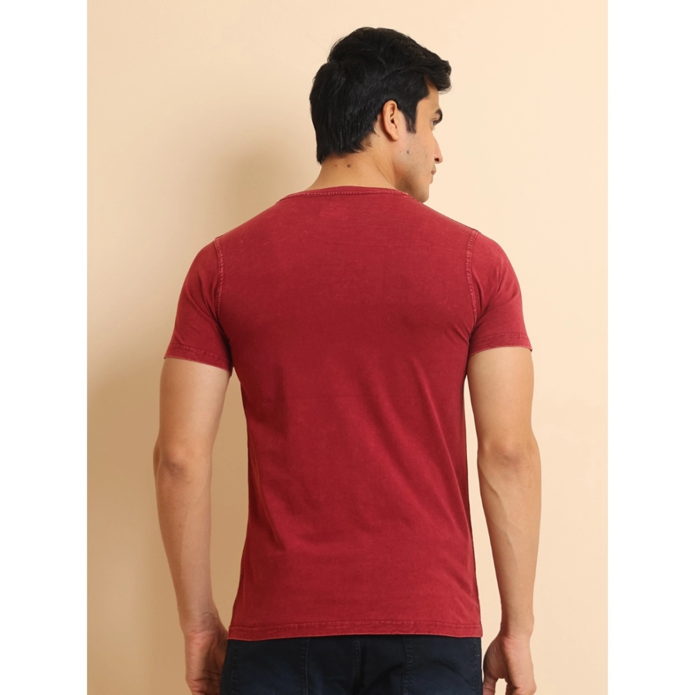 Men's Casual Cotton Printed Round Neck Half Sleeve T-Shirt (Maroon) - Image 2