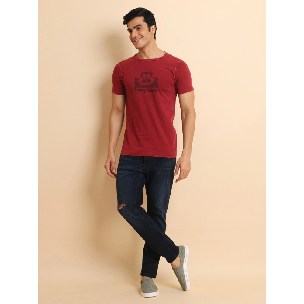 Men's Casual Cotton Printed Round Neck Half Sleeve T-Shirt (Maroon) - Image 7