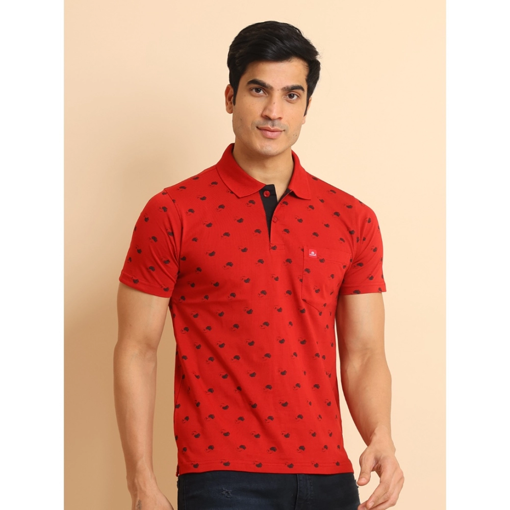 Men's Casual Cotton Printed Polo Neck Half Sleeve T-Shirt (Red) - Image 3