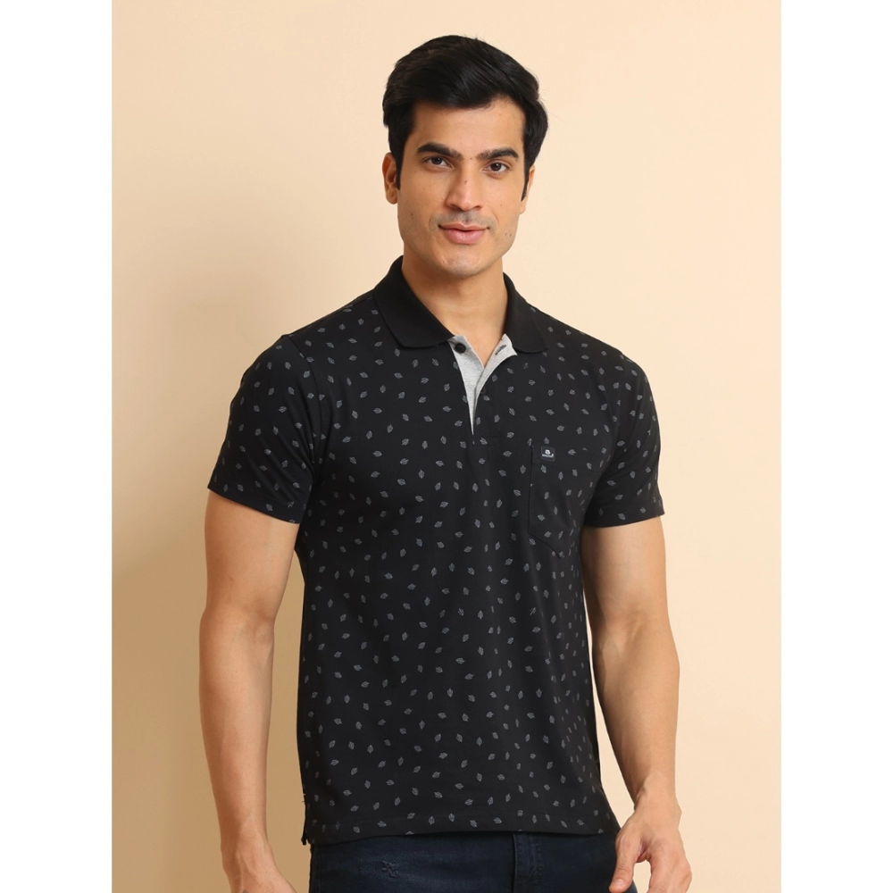 Men's Casual Cotton Printed Polo Neck Half Sleeve T-Shirt (Black) - Image 3