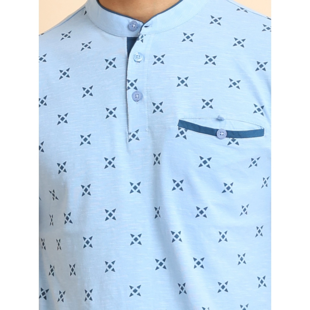 Men's Casual Cotton Printed Mandarin Collar Half Sleeve T-Shirt (Skyblue) - Image 6