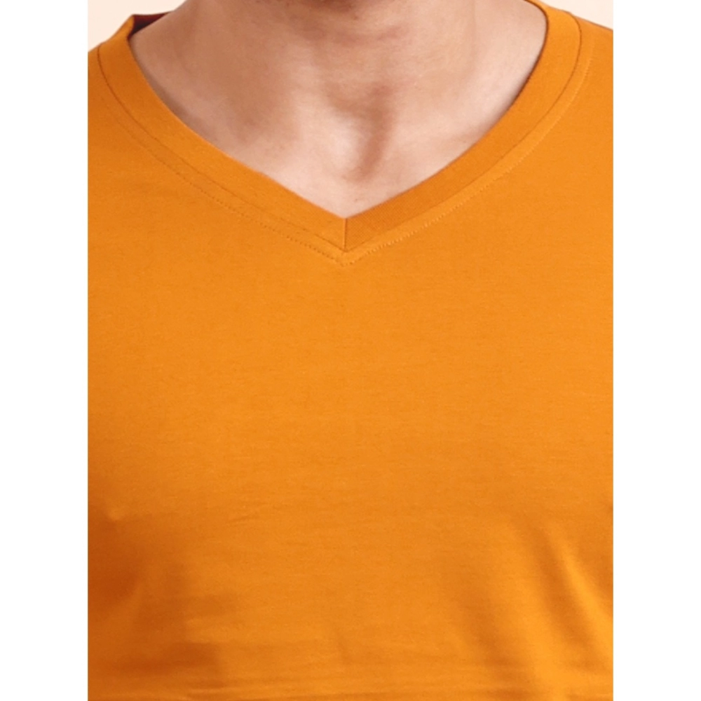 Men's Casual Cotton Solid V Neck Full Sleeve T-Shirt (Mustard) - Image 6