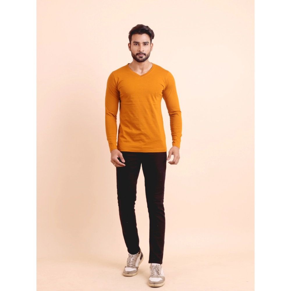 Men's Casual Cotton Solid V Neck Full Sleeve T-Shirt (Mustard) - Image 7
