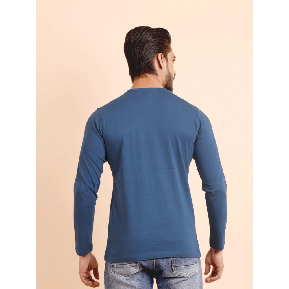 Men's Casual Cotton Solid Round Neck Full Sleeve T-Shirt (Blue) - Image 2