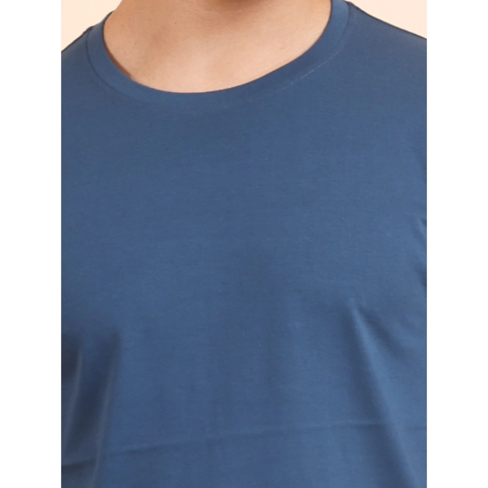 Men's Casual Cotton Solid Round Neck Full Sleeve T-Shirt (Blue) - Image 6