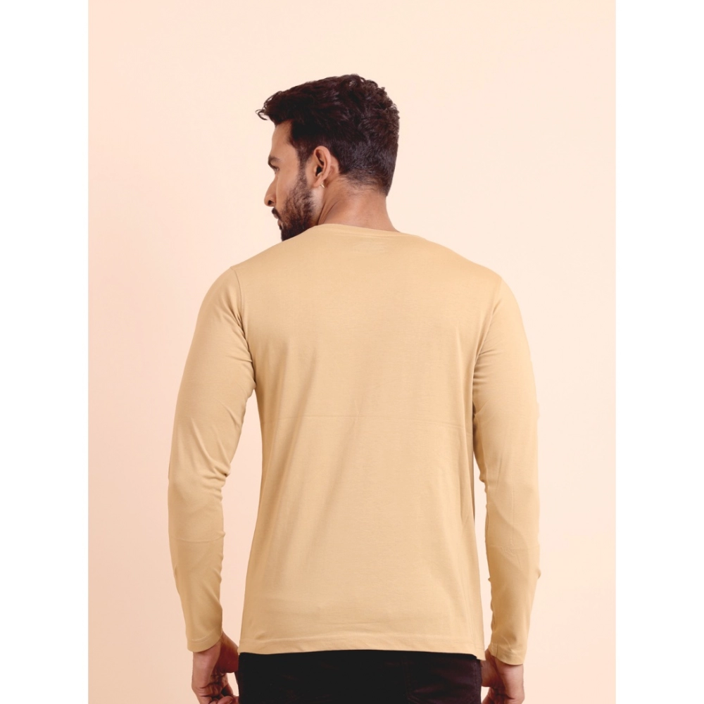 Men's Casual Cotton Solid Round Neck Full Sleeve T-Shirt (Beige) - Image 2