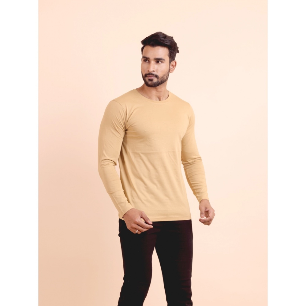 Men's Casual Cotton Solid Round Neck Full Sleeve T-Shirt (Beige) - Image 4