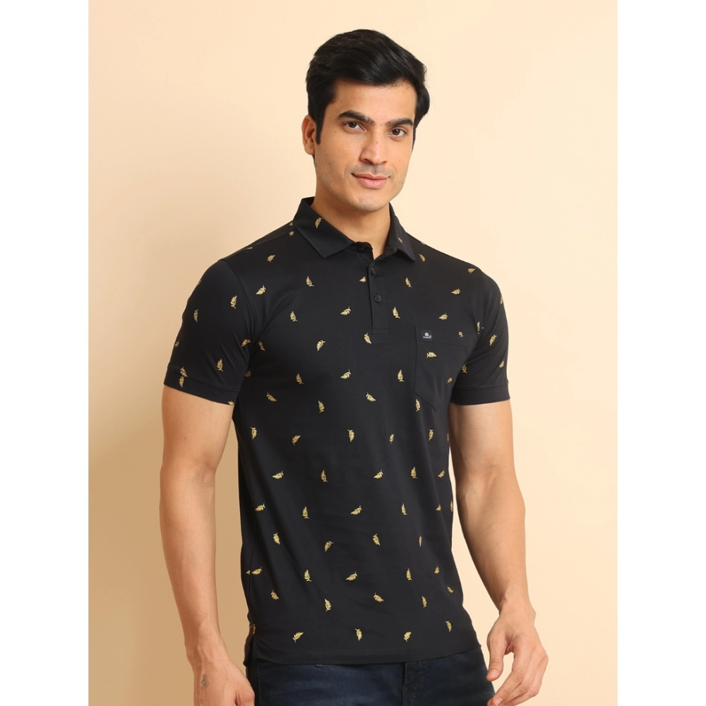 Men's Casual Cotton Printed Polo Neck Half Sleeve T-Shirt (Black) - Image 3
