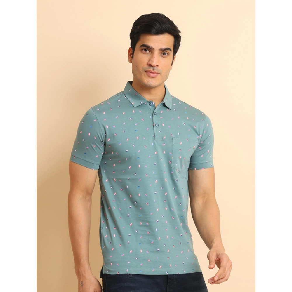 Men's Casual Cotton Printed Polo Neck Half Sleeve T-Shirt (Grey) - Image 3