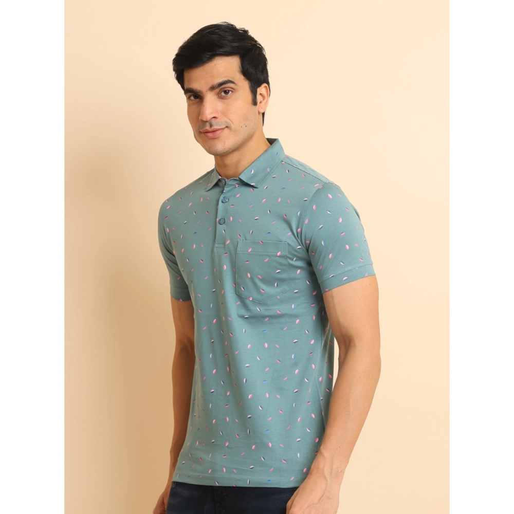 Men's Casual Cotton Printed Polo Neck Half Sleeve T-Shirt (Grey) - Image 4