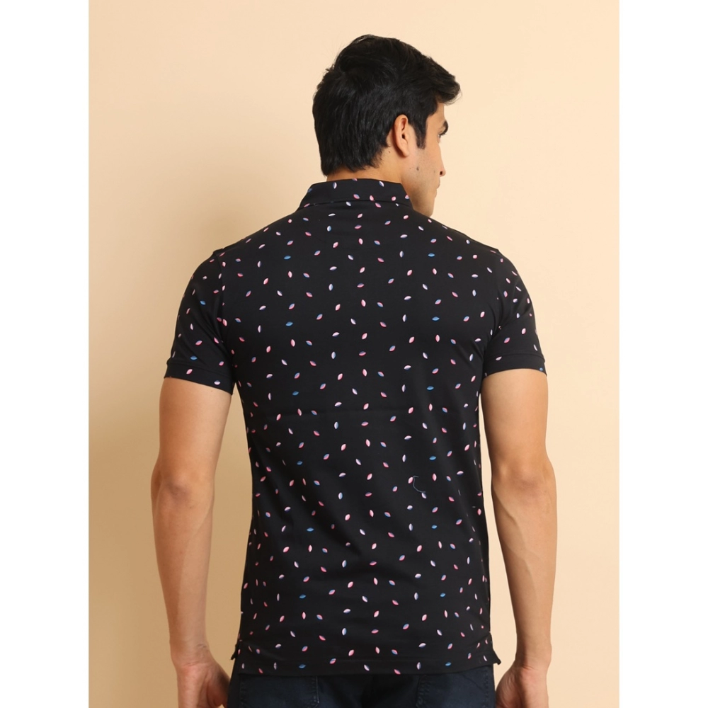 Men's Casual Cotton Printed Polo Neck Half Sleeve T-Shirt (Black) - Image 2