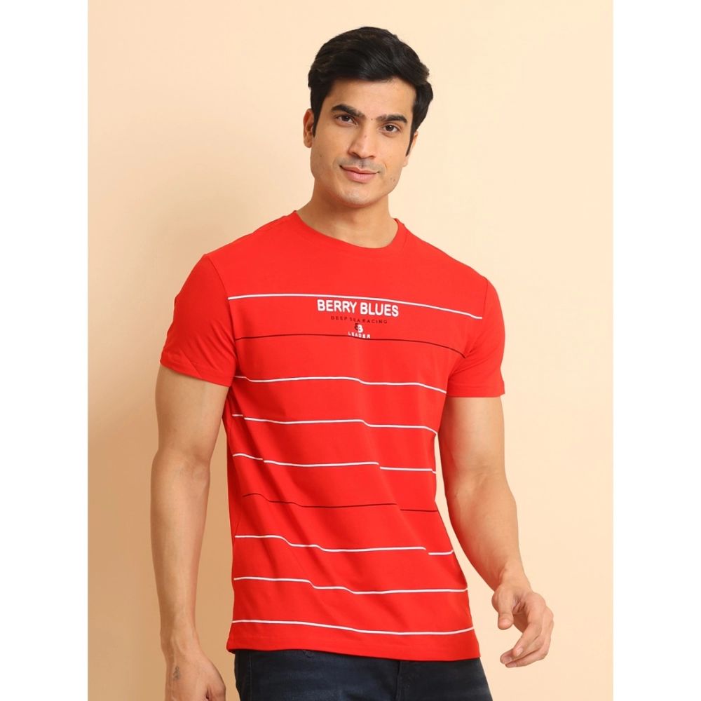 Men's Casual Cotton Printed Round Neck Half Sleeve T-Shirt (Red) - Image 3