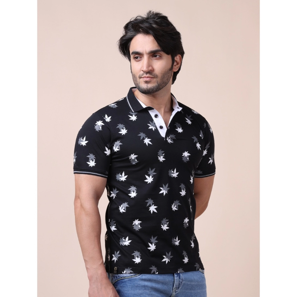 Men's Casual Cotton Printed Polo Neck Half Sleeve T-Shirt (Black) - Image 4