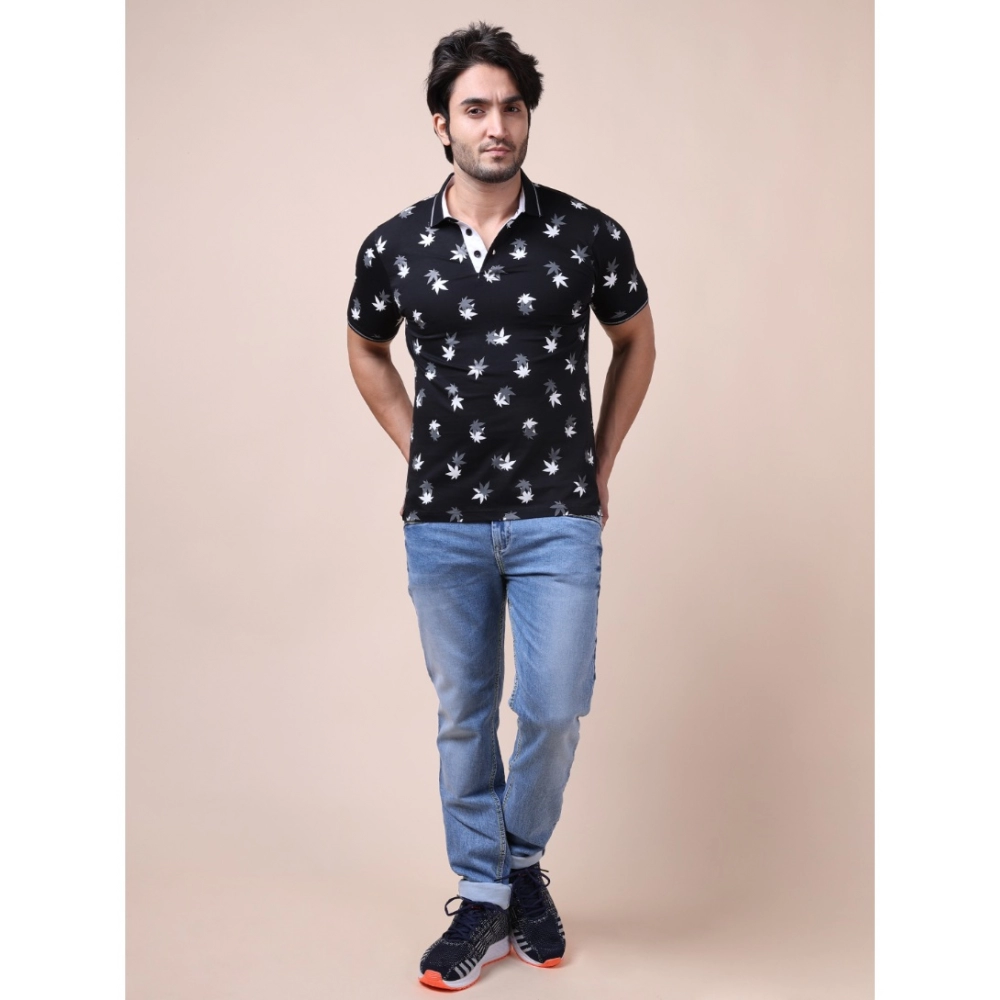 Men's Casual Cotton Printed Polo Neck Half Sleeve T-Shirt (Black) - Image 7