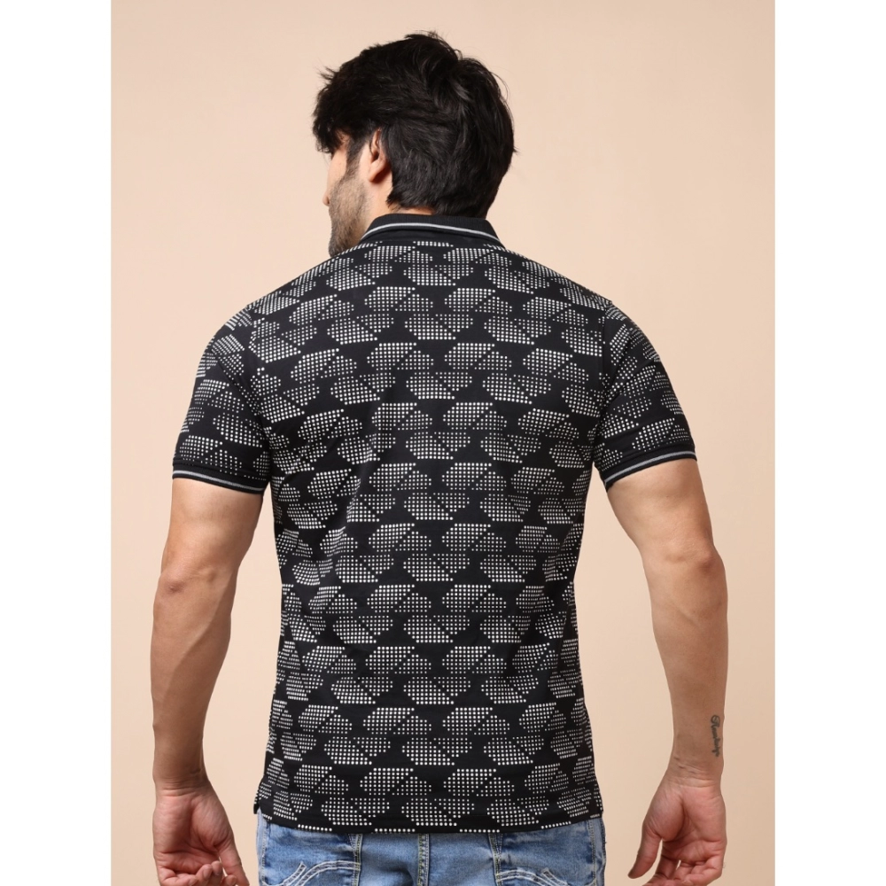 Men's Casual Cotton Printed Polo Neck Half Sleeve T-Shirt (Black) - Image 2
