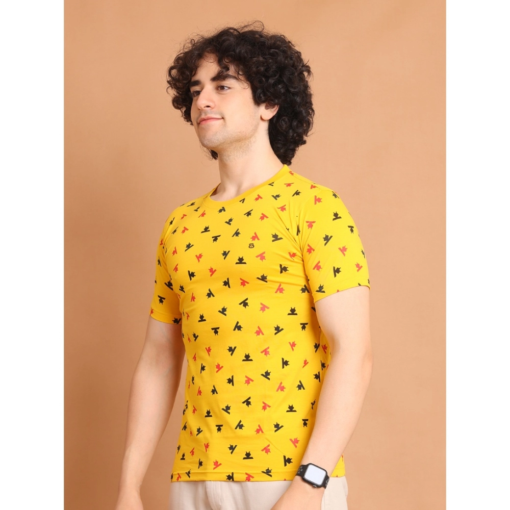Men's Casual Cotton Printed Round Neck Half Sleeve T-Shirt (Yellow) - Image 4