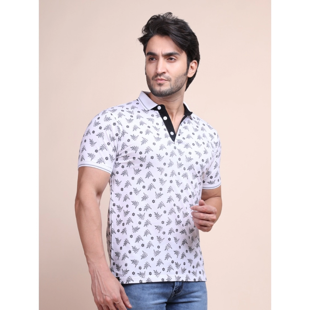 Men's Casual Cotton Printed Polo Neck Half Sleeve T-Shirt (White) - Image 3