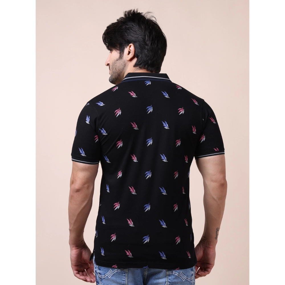 Men's Casual Cotton Printed Polo Neck Half Sleeve T-Shirt (Black) - Image 2