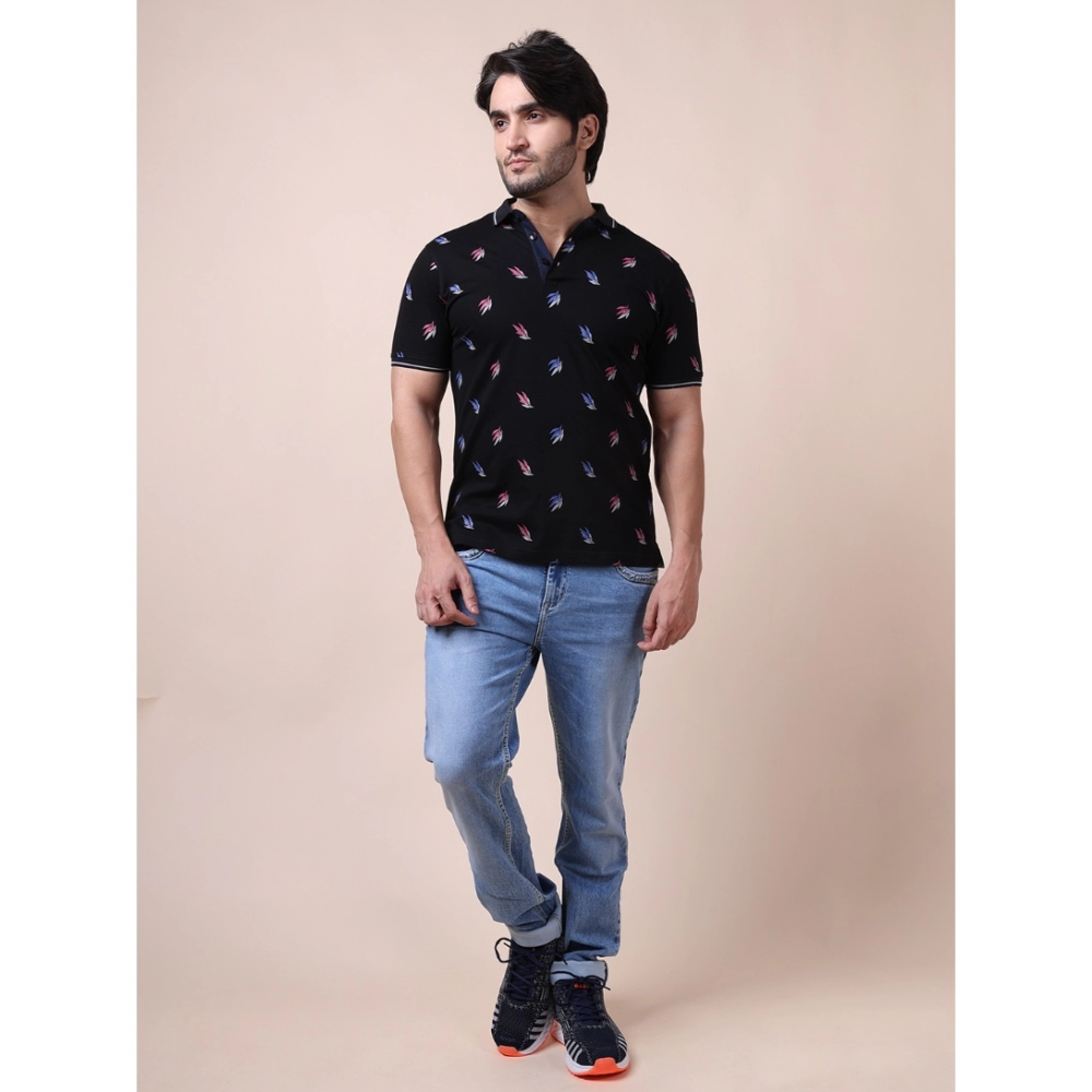 Men's Casual Cotton Printed Polo Neck Half Sleeve T-Shirt (Black) - Image 7