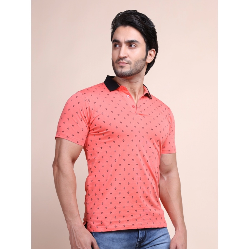Men's Casual Cotton Printed Polo Neck Half Sleeve T-Shirt (Red) - Image 4