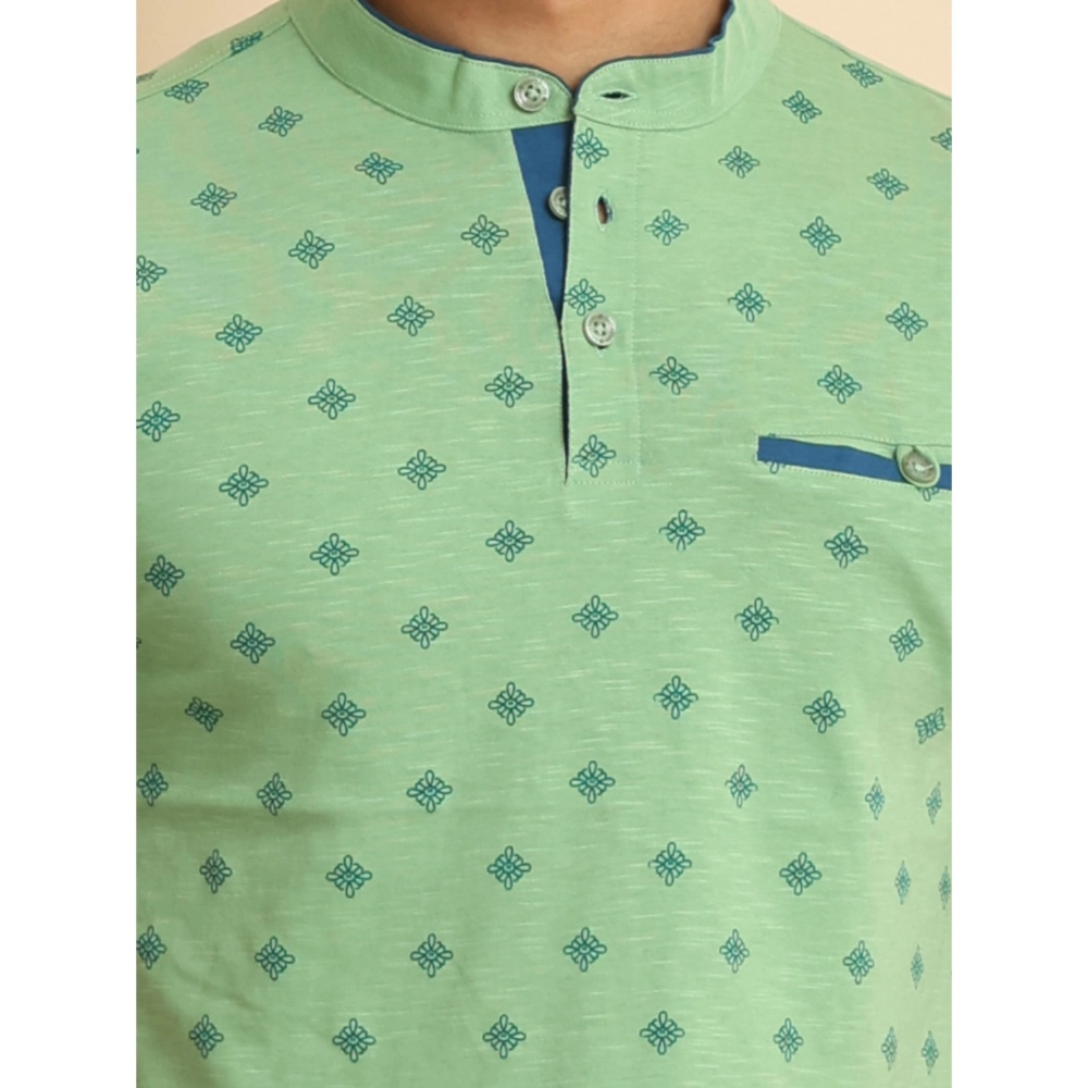 Men's Casual Cotton Printed Mandarin Collar Half Sleeve T-Shirt (LightGreen) - Image 6