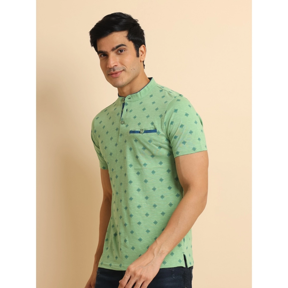 Men's Casual Cotton Printed Mandarin Collar Half Sleeve T-Shirt (LightGreen) - Image 4