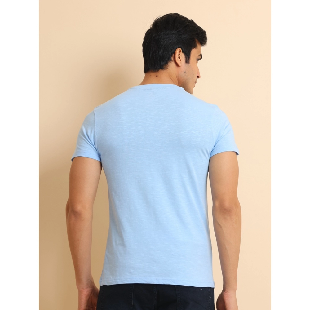 Men's Casual Cotton Printed Round Neck Half Sleeve T-Shirt (Skyblue) - Image 2