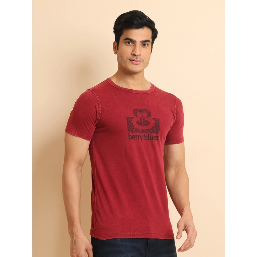 Men's Casual Cotton Printed Round Neck Half Sleeve T-Shirt (Maroon) - Image 3