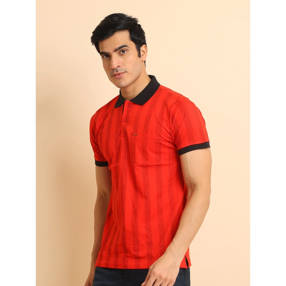 Men's Casual Cotton Printed Polo Neck Half Sleeve T-Shirt (Red) - Image 4