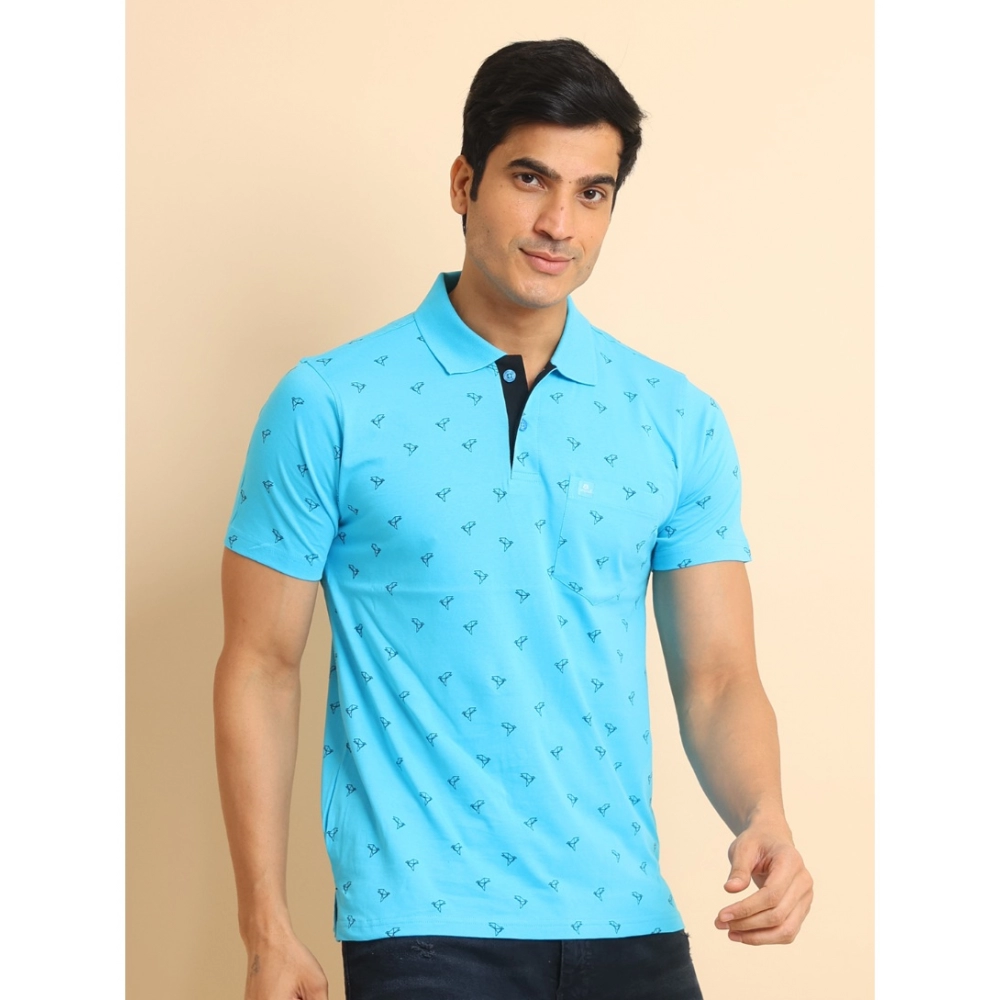 Men's Casual Cotton Printed Polo Neck Half Sleeve T-Shirt (Skyblue) - Image 3