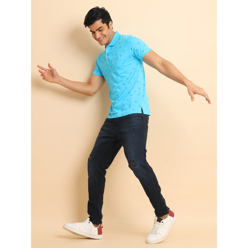 Men's Casual Cotton Printed Polo Neck Half Sleeve T-Shirt (Skyblue) - Image 7