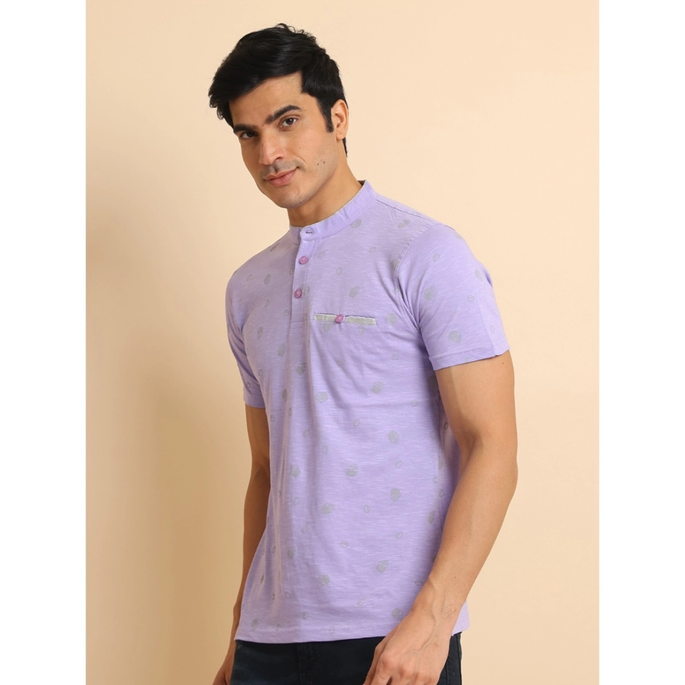 Men's Casual Cotton Printed Mandarin Collar Half Sleeve T-Shirt (Lavender) - Image 4