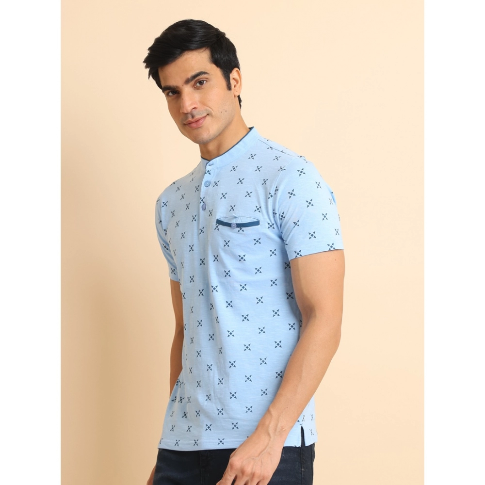 Men's Casual Cotton Printed Mandarin Collar Half Sleeve T-Shirt (Skyblue) - Image 4