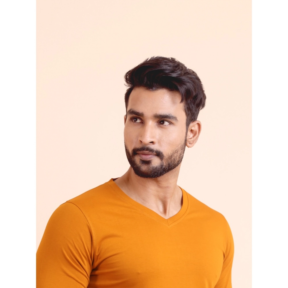 Men's Casual Cotton Solid V Neck Full Sleeve T-Shirt (Mustard) - Image 3