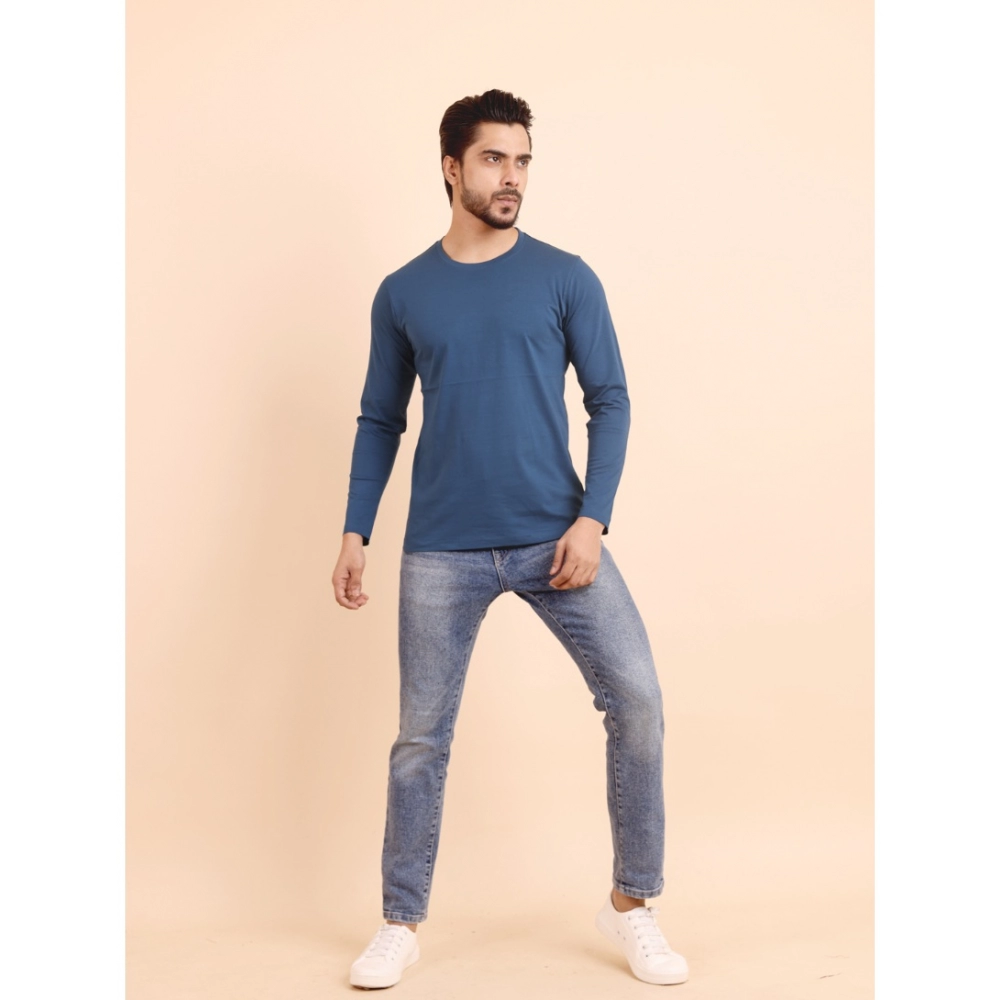 Men's Casual Cotton Solid Round Neck Full Sleeve T-Shirt (Blue) - Image 7