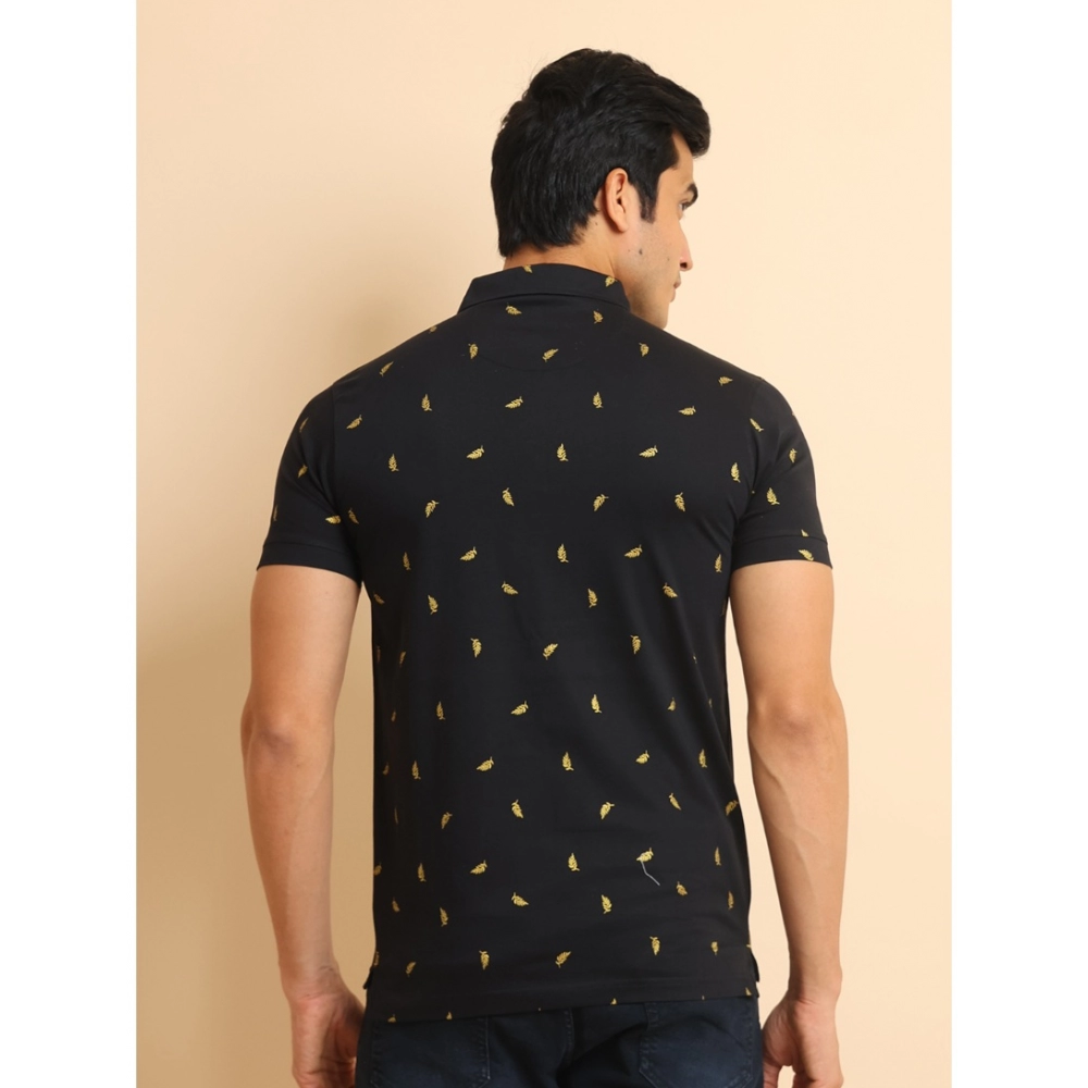 Men's Casual Cotton Printed Polo Neck Half Sleeve T-Shirt (Black) - Image 2