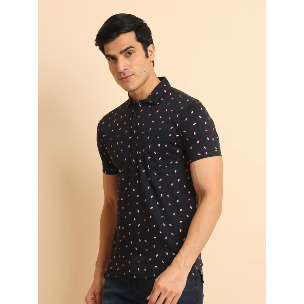 Men's Casual Cotton Printed Polo Neck Half Sleeve T-Shirt (Black) - Image 4