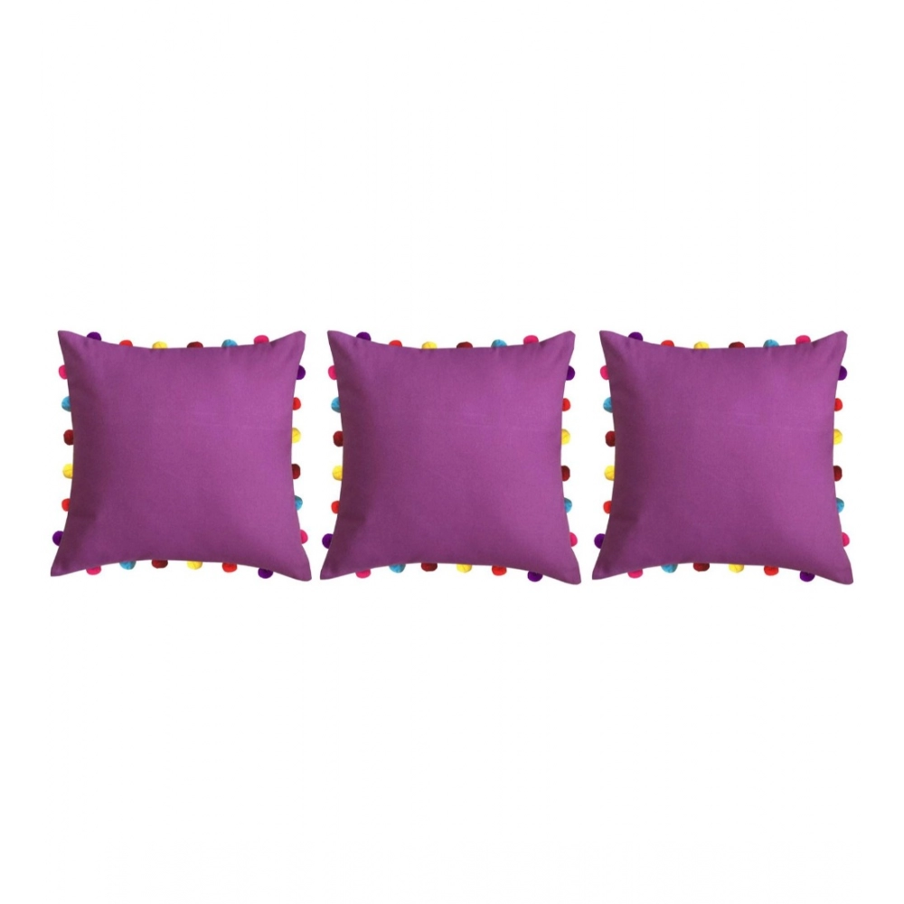 Cotton Solid Pom Pom Cushion Covers (Purple, Size: 18x18 In) - Image 3