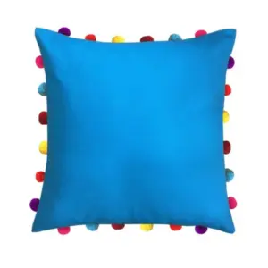 Cotton Solid Pom Pom Cushion Covers (Blue, Size: 18x18 In)