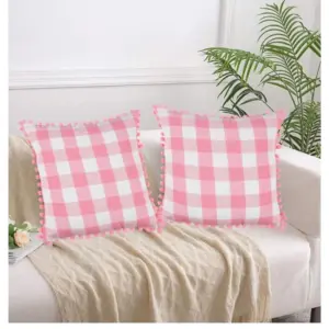 Pack Of_2 Cotton Checkered Cushion Cover With Pom Pom (Baby Pink, Size: 18x18 In)